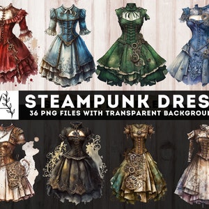 スチームパンク ドレス クリップアート、36 PNG スチームパンク ドレス プリンタブル、ジャンク ジャーナル、水彩服エフェメラ、ファジー カット、デジタル スチームパンク