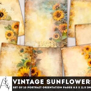 Vintage Sunflowers Digital Paper Pack for Scrapbook and Junk Journal - Printable Floral Pages, Sunflowers Junk Journal Kit, Download