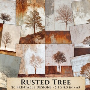 May include: A collection of 20 printable designs featuring images of trees with a rusted, vintage aesthetic. The designs are on rectangular cards, each measuring 5.5 x 8.5 inches. The color palette includes shades of brown, beige, and gray.