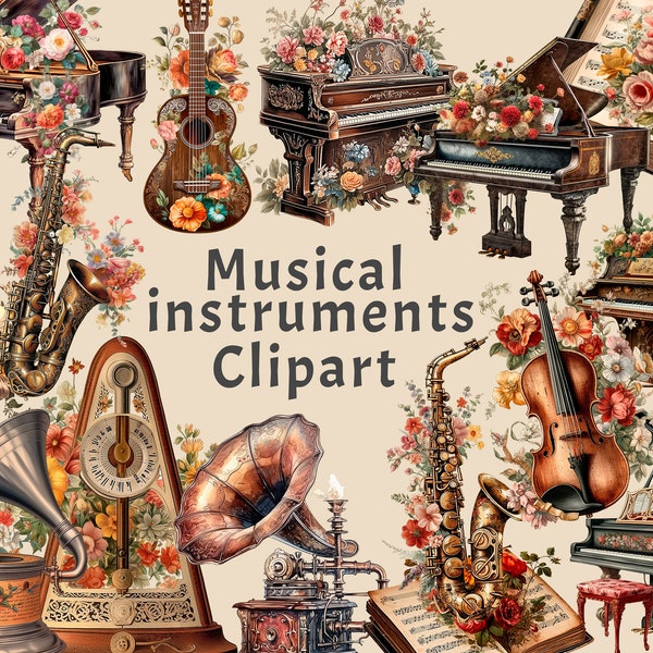 Vintage Musical Instruments Clipart, 15 PNG Floral Music Bundle, Junk Journal Printables, cello, piano, saxophone, violin, gramophone