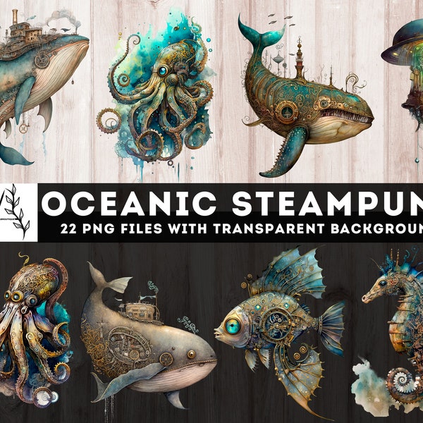 Clipart steampunk océanique aquarelle, 22 habitants marins PNG, Steampunk : baleine, poulpe, méduse, hippocampe, poisson, usage Commercial