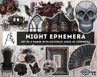 May include: A collection of gothic-themed paper ephemera featuring a skull, a haunted house, a black carriage, a throne, a folding fan, a key, and floral arrangements. The text reads NIGHT EPHEMERA SET OF 5 PAGES WITH DIFFERENT SIZES OF EPHEMERA.