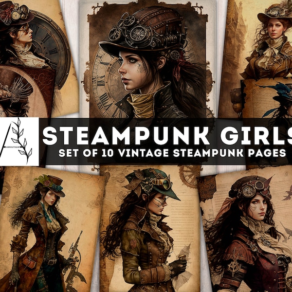 Steampunk Girls Paper Pack, Vintage Lady Printables, Aged Pages, Steampunk Junk Journal Kit, Digital Pages Collage Sheet, Instant Download