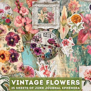 Vintage Flowers Junk Journal Kit, Digital Printable Project, Paper, Clocks, Ephemera Painting, Fussy Cuts, Envelopes & Pockets, Download