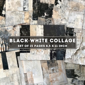 Colagem em preto e branco, mídia mista, têxteis e tintas, folhas de coisas efêmeras do Junk Journal, fundo antigo, páginas vintage para impressão, download digital