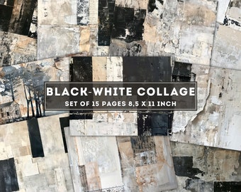 Black-white Collage, Mixed Media, Textiles & Paint, Junk Journal Ephemera Sheets, Old Background, Vintage Printable Pages, Digital Download