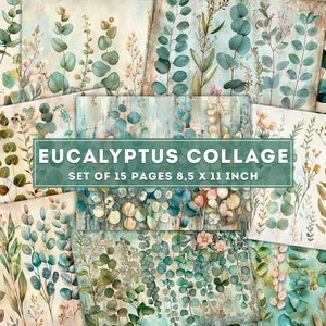 Eukalyptus Collage, Bonanical Digitales Papier, Pflanzenblätter, Junk Journal Ephemera Blätter, Alter Hintergrund, Vintage druckbare Seiten, Herunterladen