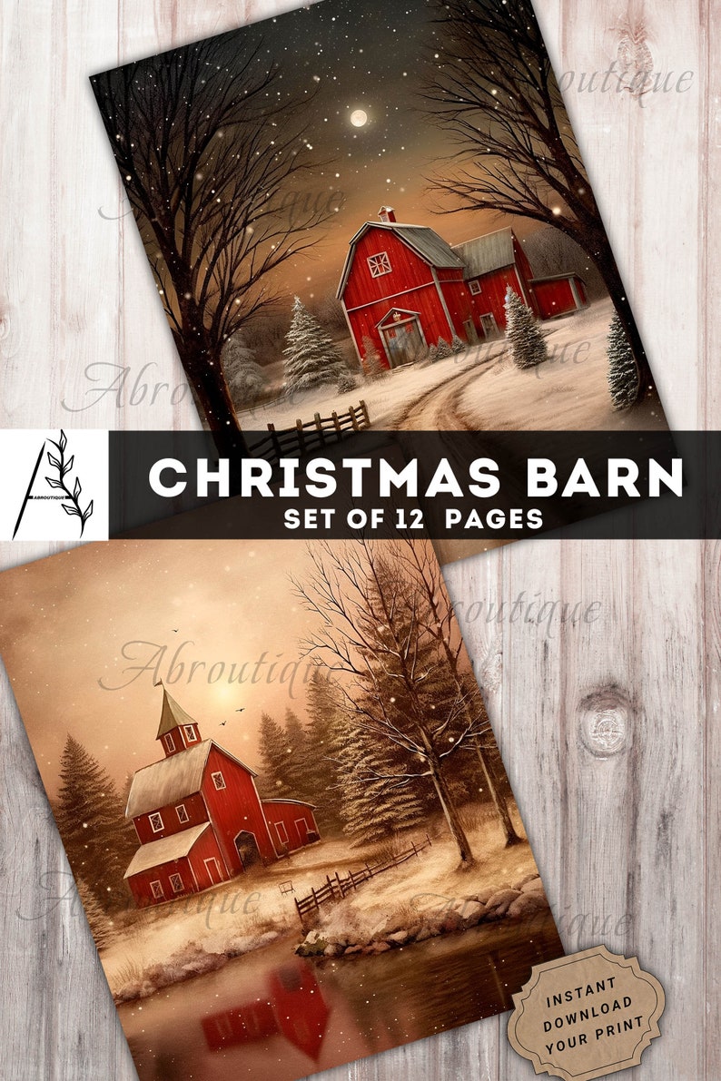 Christmas Barn Paper, Junk Journal Digital Kit, Red House, Winter Barn