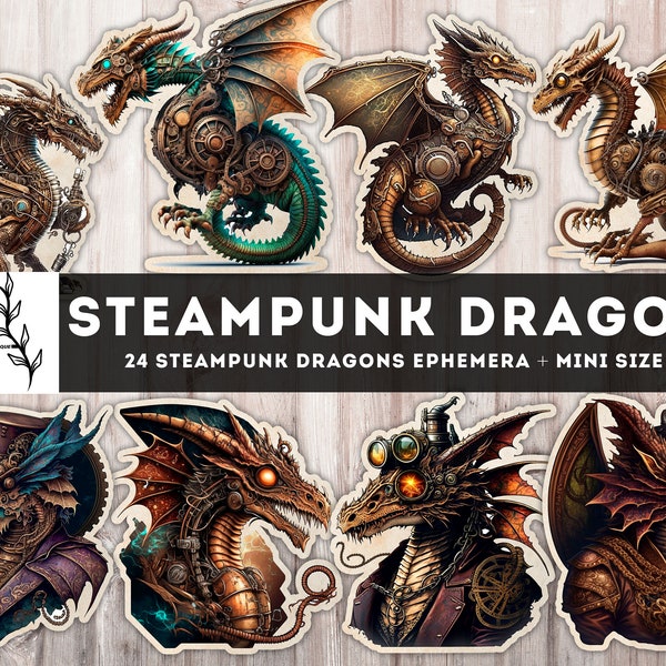 Steampunk Dragons, Steampunk Printable Junk Journal Kit, Mechanical Dragons Ephemera, Fussy Cut, Digital Instant Download files JPG PDF