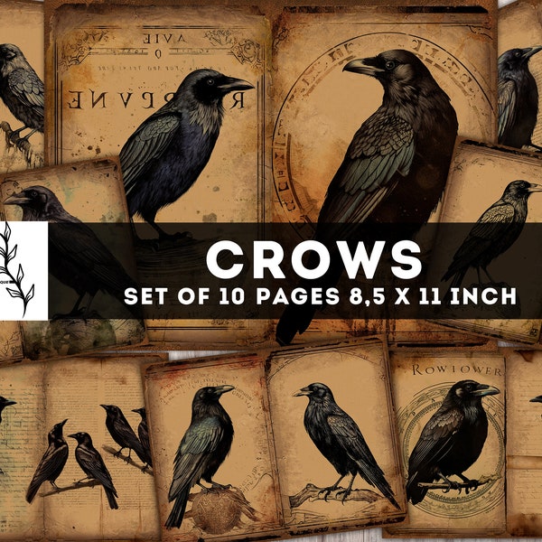 Crow Junk Journal kit, Witchy Raven Paper pack, 10 JPG Digital Pages, Halloween Junk Journal, Wizard Birds Printables, Mystic Ephemera