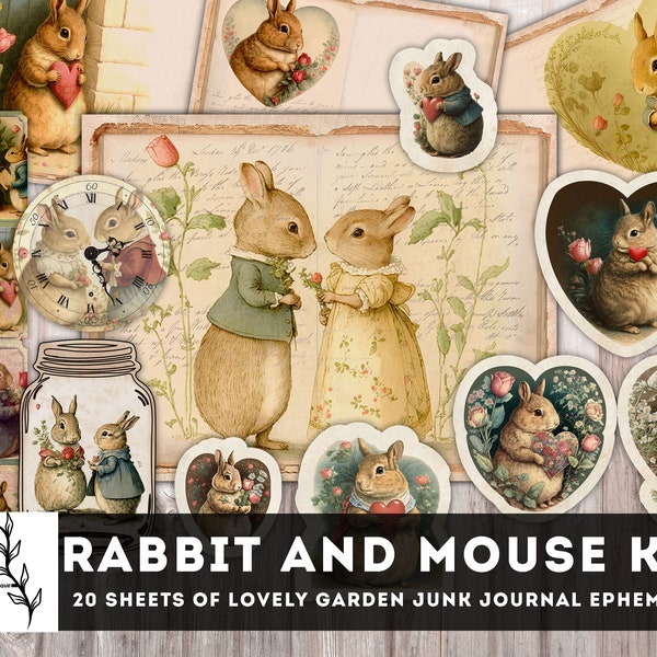 Rabbit Junk Journal Kit, Mouse Junk Journal, Bunny printable valentine, Love Junk journal, Clocks, Tickets, Fussy Cut, Envelopes & Pockets