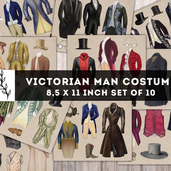 Victorian man costume, Junk Journal sticker, Antique man suit, Ephemera Pack, Vintage Fashion, man Clothing, garb,  Digital Download