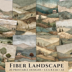 May include: A collection of 20 printable landscape designs, each featuring a unique watercolor-style depiction of rolling hills, trees, and small houses. The color palette includes muted greens, browns, and blues. The text "FIBER LANDSCAPE" and dimensions 5.5 x 8.5 in and A5 are visible.
