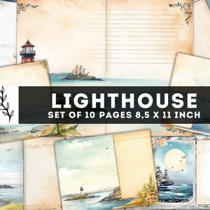 Kit di diario spazzatura Lighthouse, 10 pagine di diario di viaggio JPG, carta per paesaggi marini, foglio di collage marino, pagine stampabili di viaggio, pagina di viaggio digitale