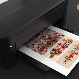 May include: A black printer is shown printing a page with floral and cross designs. The page features watercolour illustrations of crosses adorned with flowers in various colours, including pink, red, and blue. The text "INSTANT DOWNLOAD YOUR PRINT" is in a brown circle.