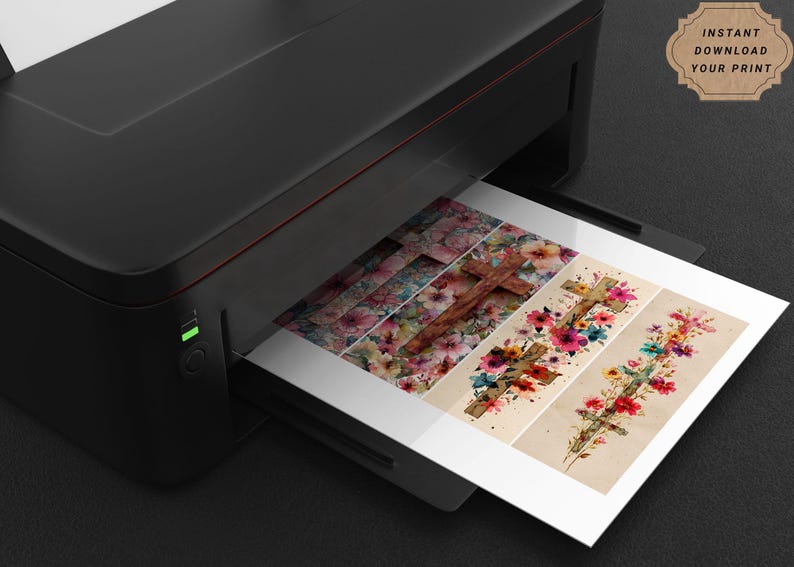 May include: A black printer is shown printing a page with floral and cross designs. The page features watercolour illustrations of crosses adorned with flowers in various colours, including pink, red, and blue. The text "INSTANT DOWNLOAD YOUR PRINT" is in a brown circle.