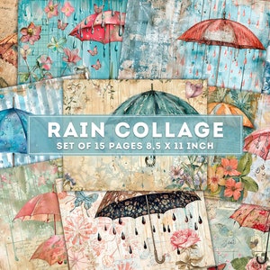 Regen Collage, Junk Journal, Regenschirm Papier, Frühlingsseiten, Handschrift Regenwetter Printables, Decoupage, Scrapbooking, digitaler Download