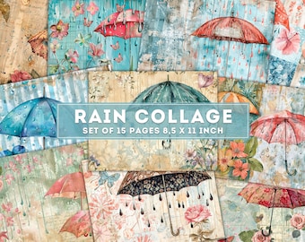 Rain Collage, Junk Journal, Umbrella Paper, Spring Pages, Handscript Rainy Weather Printables, Decoupage, Scrapbooking, Digital Download