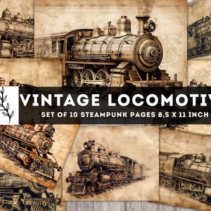 Paquete de papel de locomotora vintage, kit de diario basura, tren Steampunk, imprimible Steampunk, hoja de collage de páginas digitales, descarga instantánea