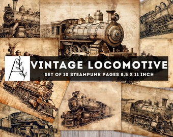 May include: A set of 10 vintage locomotive illustrations in a steampunk style. Each illustration is printed on a separate page, measuring 8.5 x 11 inches.