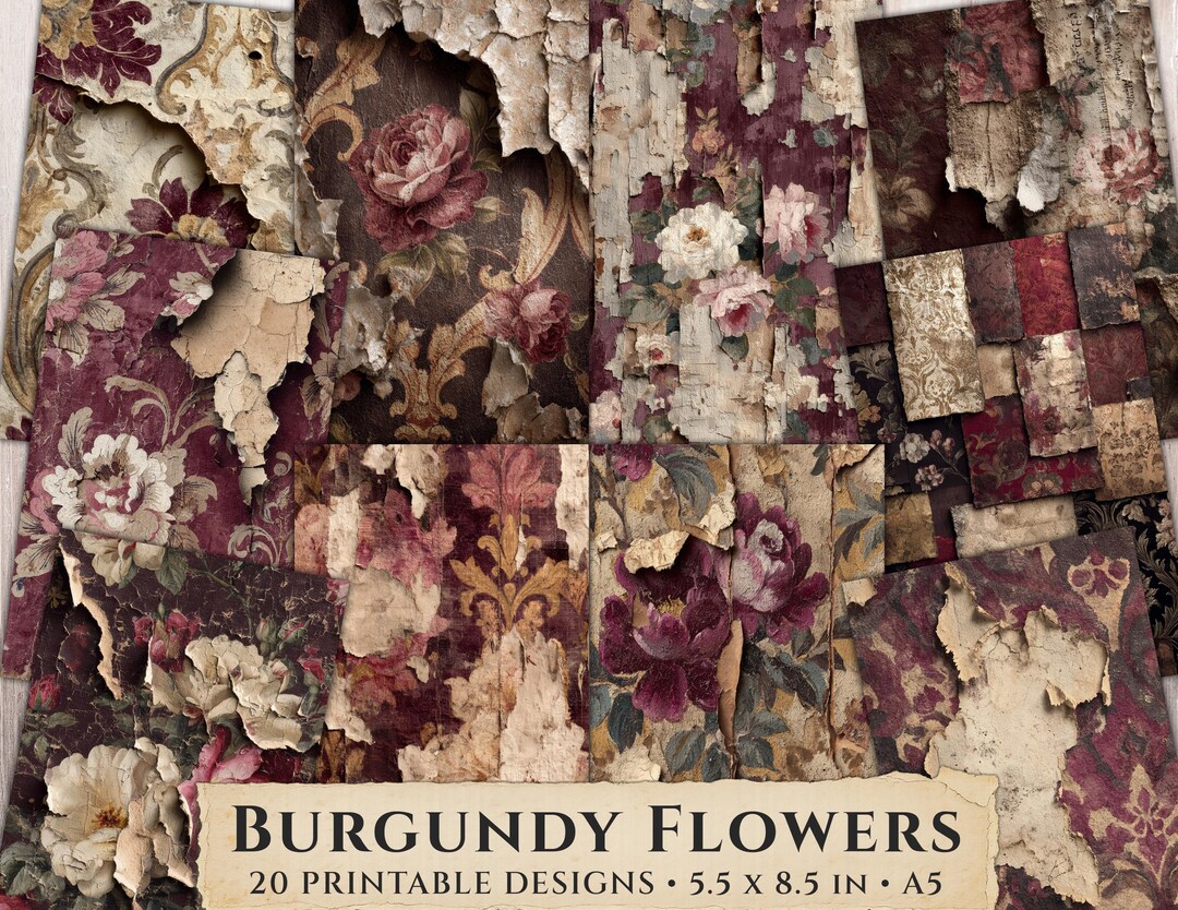 Burgundy Floral Printable Paper, Vintage Shabby Junk Journal Background ...