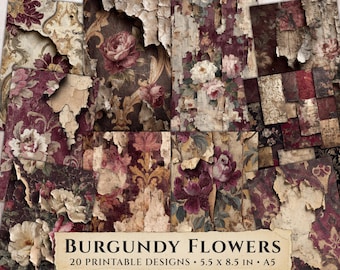 Burgundy Floral Printable Paper, Vintage Shabby Junk Journal Background, Dark Romantic Scrapbook Collage Sheet, Botanical Ephemera Download