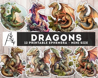 Dragon Printable Ephemera, Dragons Junk Journal, Junk Journal Stickers, Dragons Ephemera, Fussy Cut, Digital Instant Download files JPG PDF