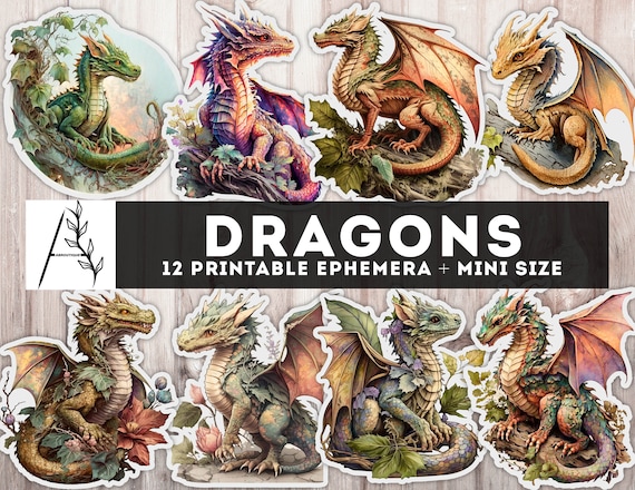 Dragon Printable Ephemera, Dragons Junk Journal, Junk Journal Stickers, Dragons Ephemera, Fussy Cut, Digital Instant Download files JPG PDF
