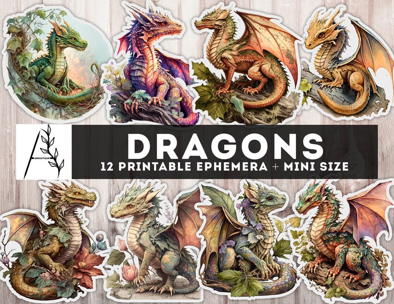 Dragon Printable Ephemera, Dragons Junk Journal, Junk Journal Stickers, Dragons Ephemera, Fussy Cut, Digital Instant Download files JPG PDF image 1