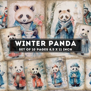 Winter Panda Junk Journal Kit, Kerst Panda Papier, Fairy Baby Panda Papier, Vintage Kerstpagina's, Kerst Ephemera, Download