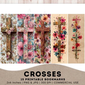 May include: A collection of 15 printable bookmarks, each measuring 5 x 15 cm, with cross designs. The bookmarks feature floral patterns and watercolor effects. The word "CROSSES" is displayed at the bottom.