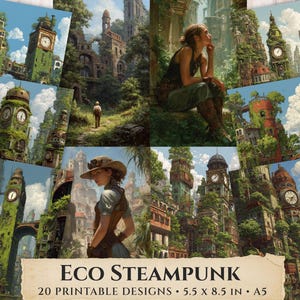 Pode incluir: Uma coleção de 20 designs imprimíveis com o tema "Eco Steampunk". A arte apresenta torres de relógio e edifícios cobertos de vegetação, com figuras em trajes steampunk. Os designs medem 14 x 21,6 cm, formato A5.