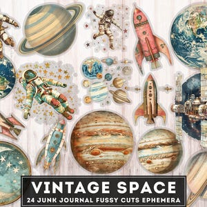 Découpes éphémères spatiales vintage, 24 cliparts PNG + JPG, univers, planètes, fusée, astronaute, imprimables numériques pour le journal indésirable
