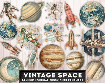 Vintage Space Ephemera Fussy Cuts, 24 PNG Clipart Bundle + JPG, Universe, Planets, Rocket, Astronaut,  Digital Junk Journal Printables