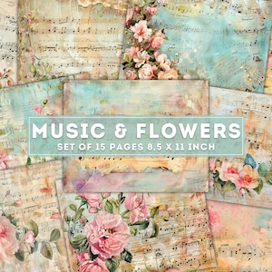Collage de notas musicales con flores, kit de diario basura, collage de papel floral antiguo, álbum de recortes antiguo, páginas imprimibles, descarga digital instantánea