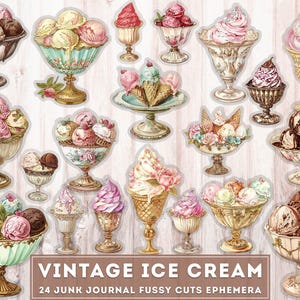 Paquete de 24 imágenes prediseñadas de postres con cortes delicados de helado vintage, material imprimible para diario basura, adornos, ilustración digital