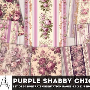 Papel púrpura Shabby Chic, diario basura Shabby Chic, 10 páginas digitales JPG, kit de diario basura floral, imprimibles románticos, papelería, descargar
