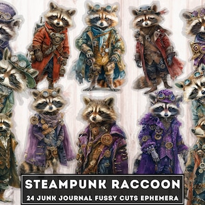 Clipart steampunk raton laveur et éphémères, coupes difficiles vintage, imprimables pour journal indésirable, téléchargement immédiat 24 illustrations numériques PNG + JPG