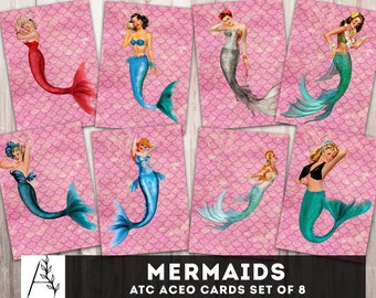 Mermaid Printable ATC ACEO Cards 2.5” x 3.5” Junk Journal Cards, Digital Collage Sheet, Journal cards, Notecards, Digital Download