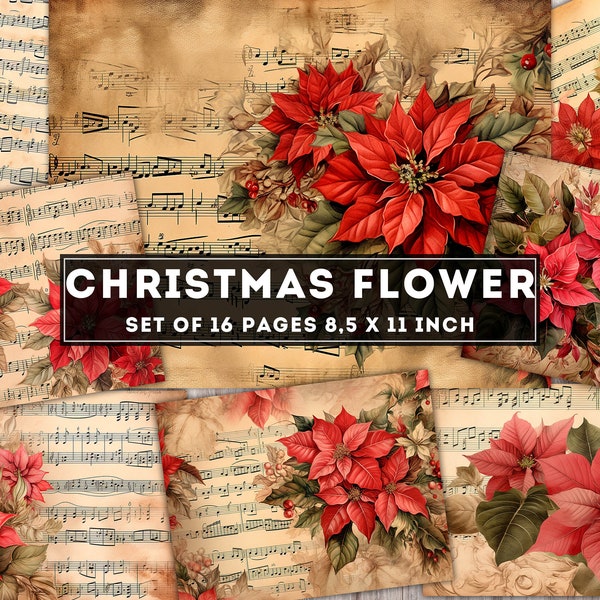Vintage Christmas Flowers Pages, Poinsettia Digital Paper, Christmas Junk Journal kit, 16 JPG Images + PDF, Xmas digi kit, Instant Download