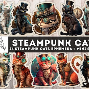 Chats Steampunk, imprimables Steampunk, Steampunk Kitty, Junk Journal, chats éphémères, Steampunk coupe difficile, autocollants de chat, Télécharger JPG PDF