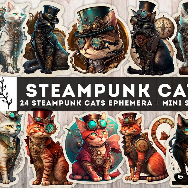 Steampunk Cats, Steampunk Printables, Steampunk Kitty, Junk Journal, Cats Ephemera, Steampunk Fussy Cut, Cat Stickers, Download JPG PDF