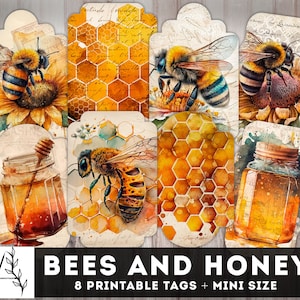 Bees and Honey Tags, Watercolor Journaling Labels, Junk Journal Tags, Printable Inserts, Ephemera, Garden Tags, Junk journal Supplies