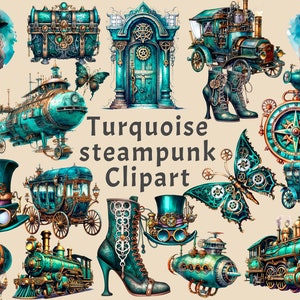 Turquoise Steampunk Clipart, 24 PNG Steampunk Junk Journal, Printable Ephemera, Clock, Carriage, airship, train, chest, girl, clothes, Image