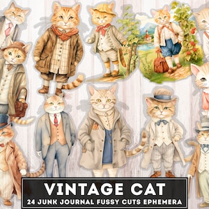 Coisas efêmeras de gatos vintage, cortes exigentes de gatinhos, pacote de clipart de 24 gatinhos PNG em roupas, lixo eletrônico para impressão, enfeites, ilustrações