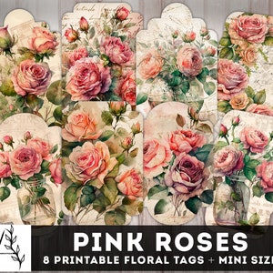 Pink Roses Tags, Floral Journaling Labels, Junk Journal Tags, Flowers Printable Inserts, Rose Ephemera, Garden Tags, Junk journal Supplies