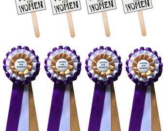 Bulk Suffrage Rosettes and Hand Signs. 1900s Suffragette Cockades. Suffragist Costume. Authentic Style. 100 Year Anniversary.