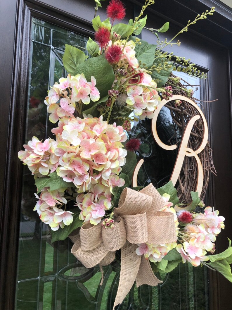 Pink /& Cream Hydrangea Wreath with BurgundyCream Floral Accents