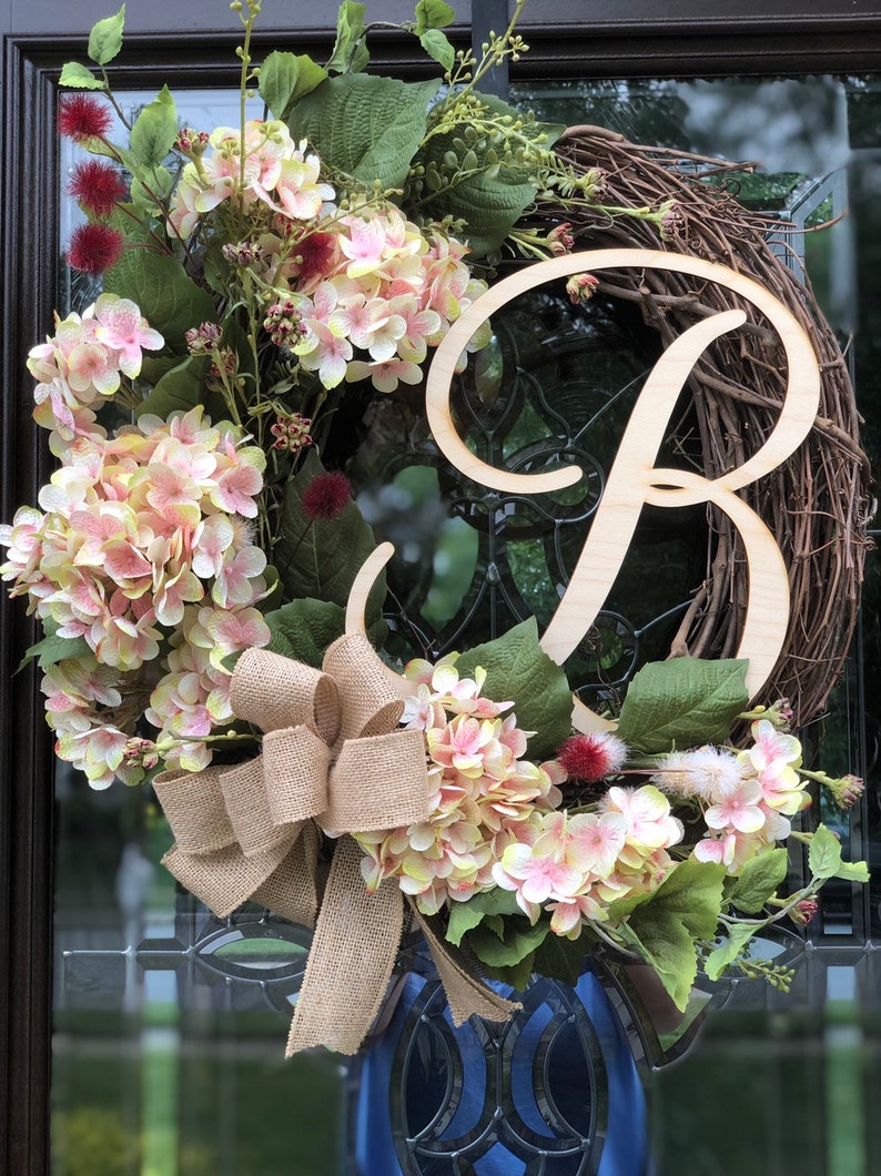Pink /& Cream Hydrangea Wreath with BurgundyCream Floral Accents