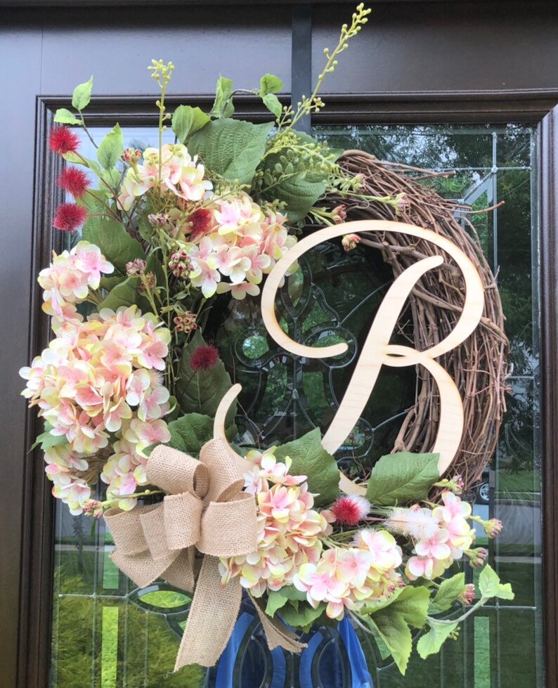 Pink /& Cream Hydrangea Wreath with BurgundyCream Floral Accents